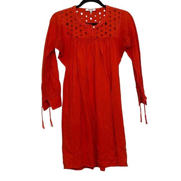Madewell Dresses & Skirts - Madewell Eyelet Yoke Tassel Cuff Linen Blend Mini Dress Orange Red F0952 XXS